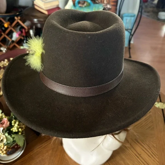 Vintage Brown Wool Cowboy Hat with Leather Band & Feather Accent Vintage Western 100% Wool Cowboy Hat With Hatband and  main image 4